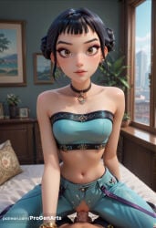 1boy 1boy1girl 1girls ai_generated bandeau bare_shoulders black_hair blush bracelet breasts brown_eyes choker clothed_sex collarbone cowgirl_position crotchless double_bun earrings female girl_on_top hair_bun hetero hi_res indoors jewelry kpop_demon_hunters lips looking_at_viewer midriff navel netflix pants patreon_username penis pillow pov progenarts pubic_hair pussy sex short_hair solo_focus sony_pictures_animation spread_legs straddling strapless tube_top uncensored vaginal vaginal_penetration vaginal_sex window zoey_(kpop_demon_hunters)