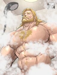 bara beard blonde_hair chest_hair daddy dilf gay hairy hairy_chest male male_only marvel marvel_rivals muscular muscular_male shower solo thor_(marvel) thor_(marvel_rivals)