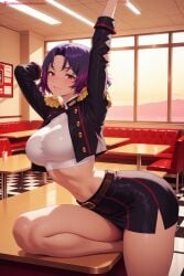 1girl ai_generated belt black_jacket blush breasts cropped_jacket hi_res high_quality high_resolution jacket kiraamane large_breasts looking_at_viewer mato_seihei_no_slave midriff miniskirt navel open_jacket parted_bangs parted_lips patreon pencil_skirt purple_hair red_eyes seductive sexy short_hair skirt smile solo thighs uncensored watermark yakumo_ezo