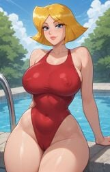 1girls ai_assisted ai_generated belly_button_visible_through_clothing blonde_female blonde_hair blue_eyes cameltoe clover_(totally_spies) eyebrows_visible_through_hair female female_only hand_on_surface hourglass_figure large_breasts leaning_back light-skinned_female looking_at_viewer monokini narrow_waist nipple_bulge nipple_outline one-piece_swimsuit outdoor_background poolside red_swimsuit rgomez007 seductive_look self_upload shiny_hair short_hair skindentation smiling_at_viewer solo_female stable_diffusion swimming_pool thick_eyelashes thick_lips thick_thighs totally_spies voluptuous warm_lighting wide_hips