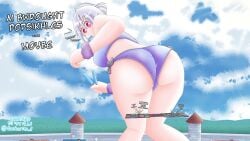 100_percent_orange_juice 2022 daikaitenf dialogue extreme_size_difference female female_focus giantess imminent_butt_crush imminent_buttcrush larger_female macro macro_female micro orange_juice_(company) popsicle purple_swimsuit qp_(orange_juice) silver_hair size_difference sora_(orange_juice) suguri_(character) suguri_(series) swimsuit text two_piece_swimsuit