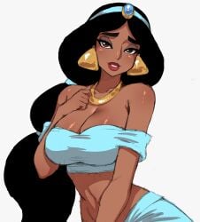1girls absurdres aladdin aladdin_(1992_disney_film) arabian_clothes bandeau black_hair breasts cleavage dark-skinned_female dark_skin disney disney_princess earrings forehead_jewel gold_necklace highres jewelry large_breasts long_hair midriff multi-tied_hair necklace off-shoulder_bandeau off_shoulder princess_jasmine simmsy simple_background standing triangle_earrings white_background