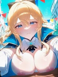 1girl alternate_breast_size alternate_costume bare_shoulders black_bow black_cape blue_hair blue_sky blush bow breast_focus breast_press breast_rest breasts breasts_out brown_eyes building cape city cleavage closed_mouth coat_on_shoulders collared_cape cosplay day detached_collar detached_sleeves exhibitionism fisheye from_below frown genshin_impact gloves hair_between_eyes hair_bow hair_ribbon half-closed_eyes high_collar high_ponytail hoyoverse jean_(genshin_impact) jewelry large_areolae large_breasts long_hair long_sleeves looking_at_viewer ministro nipples open_clothes orange_eyes outdoors pale_skin pennant ponytail pov public_indecency ribbon sidelocks sky solo solo_focus string_of_flags suggestive_fluid sweat sweatdrop two-sided_fabric upper_body white_hair white_skin yellow_cape yellow_eyes