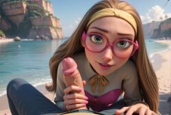 1boy 1boy1girl 1girls ai_generated beach big_hero_6 brown_hair day disney erection female fingernails forehead freckles glasses green_eyes hairband handjob hetero hi_res honey_lemon lips long_hair long_sleeves looking_at_viewer marvel marvel_comics mole mole_under_eye nail_polish ocean outdoors pants penis pink_nails pov precum r34arts shirt sky smile solo_focus uncensored veins veiny_penis water