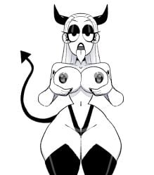 ahegao breasts demon_tail front_view hands_on_breasts horns large_breasts long_hair looking_at_viewer makeup navel nipple_piercing nipples original original_character panties slim_waist tagme thick_thighs tongue tongue_out vanillasketchy voluptuous white_body white_hair wide_hips