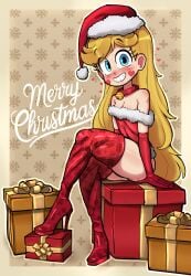1girl absurdres arm_support bell blonde_hair blue_eyes blush boots breasts brown_background christmas christmas_present closed_mouth collar collarbone crossed_legs disney dress facial_mark fur-trimmed_dress fur-trimmed_headwear fur_trim gift gloves grin hat heart heart_facial_mark heart_in_eye heart_on_cheek high_heel_boots high_heels highres jingle_bell loli long_hair looking_at_viewer merry_christmas neck_bell off-shoulder_dress off_shoulder pom_pom_(clothes) print_boots red_boots red_dress red_gloves red_hat rukisan santa_costume santa_dress santa_hat sitting sleeveless sleeveless_dress small_breasts smile snowflake_background snowflake_print star_(symbol) star_butterfly star_print star_vs_the_forces_of_evil symbol_in_eye teeth thick_thighs thigh_boots thighs
