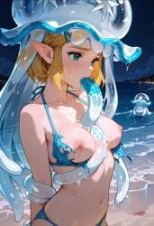 ai_generated beach bikini breasts_out empty_eyes mind_control night nihilego outdoors pokemon pokemon_(species) pokephilia princess_zelda restrained_by_tentacles tentacle_in_mouth the_legend_of_zelda torn_clothing