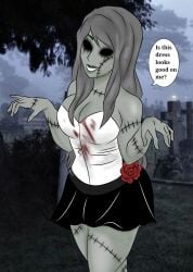 1girls black_eyes cemetery dress goth green_skin grey_hair horror night oc original_character scars seductive seductive_smile smile smiling_at_viewer tight_dress zombie zombie_girl