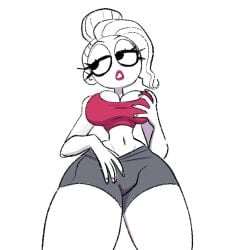 breasts cleavage large_breasts long_hair looking_away navel original original_character shorts slim_waist tagme thick_thighs tied_hair topwear vanillasketchy viewed_from_below white_background white_body white_hair wide_hips