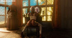 1girls 3d anus ass back_view bubble_butt cd_projekt_red ciri corset female green_eyes light-skinned_female light_skin lingerie looking_at_viewer mascara mirror mirror_reflection nightdesire_(artist) pussy scar solo solo_female stockings the_witcher_(series) the_witcher_3:_wild_hunt white_hair