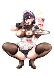 1girl apron bikini black_bow black_bowtie black_dress black_shoes blunt_bangs bow bowtie breasts brown_gloves brown_thighhighs danimaru detached_collar dress food frilled_apron frills fruit gloves groin hair_ornament hairclip high_heels highres holding holding_food holding_fruit holding_tray lace-trimmed_panties lace_trim large_breasts licking looking_at_viewer maid maid_apron maid_bikini maid_headdress nipples open_mouth original panties pink_eyes puffy_short_sleeves puffy_sleeves purple_hair purple_panties shoes short_hair short_sleeves sidelocks simple_background skindentation smile solo spread_legs squatting striped_clothes striped_panties swimsuit thighhighs torn_clothes tray unconventional_maid underwear waist_apron white_apron white_background wrist_cuffs