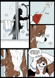 animal_genitalia anthro balls canine canine_penis comic conner_(sydneysnake) cum english_text fur furry mammal masturbation penis raccoon sheath shower sydneysnake text tj_(sydneysnake) tony_(sydneysnake)