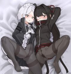 black_hair clothed eye_patch feet flushed flustered green_eyes leg_up leggings legs_apart legs_spread legwear library_of_ruina mouth_covered panties project_moon pussy_through_clothing tenma_(library_of_ruina) white_hair