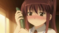 1girls animated bandaid bangs blush brown_hair clothing cucumber female female_only handjob kissxsis long_hair motion_blur naughty_face no_eyes no_nose sexually_suggestive smile speed_lines suggestive suggestive_gesture suminoe_riko window