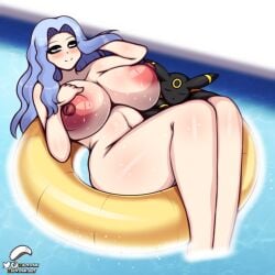 big_breasts blue_eyes elite_four innertube karen_(pokemon) naked_female paizuiri_(artist) pokemon pokemon_(species) pokemon_gsc pokemon_hgss pool umbreon