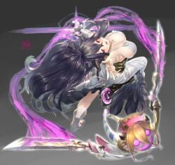1girl ahoge antenna_hair bandaged_arm bandages black_gloves boots breasts cleavage collarbone commentary_request crescent danua demon_horns doll draph dress fingerless_gloves from_above full_body gloves gold_necklace granblue_fantasy hair_between_eyes hansel_(granblue_fantasy) hat highres holding holding_sword holding_weapon horn_ornament horns jewelry jumping kawarage large_breasts long_hair long_skirt looking_at_viewer looking_up necklace open_mouth pointy_ears puppet purple_aura red_eyes ribbon sign signature simple_background skirt smile solo sword tongue twin_blades very_long_hair weapon white_background white_dress white_ribbon white_skirt