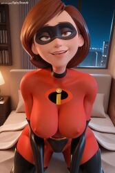 1girl ai_generated bedroom bodysuit breasts brown_eyes brown_hair domino_mask grin hi_res high_quality high_resolution indoors large_breasts latex lips looking_at_viewer mask patreon seductive sexy short_hair smile solo spicytoonai superhero thighhighs uncensored watermark