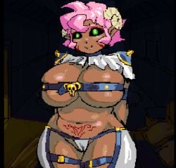 barely_clothed barely_clothed_female bedroom cute cute_face green_eyes juicydots_(artist) large_breasts pink_hair smiley_face spiked_shoulder_pads succubus succubus_horns succubus_manor succubus_tattoo thick thick_ass thick_thighs