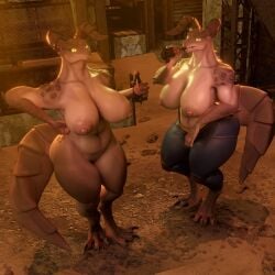 2girls 3d big_breasts deathclaw fallout goldenfoxythefox huge_breasts large_breasts looking_at_viewer nude nude_female thick_thighs