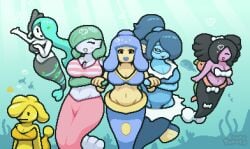1boy 6girls air_bubble air_bubbles anthro awkward awkward_expression big_breasts bikini bikini_top black_hair black_sclera blue_bikini blue_bikini_top blue_body blue_eyes blue_hair blue_raspberry_(okami_tomato) blue_skin blue_swimsuit blush blushing boobs bow breasts bubble bubbles cleavage female female_focus fins fish gardevoir gen_1_pokemon gen_3_pokemon gen_9_pokemon generation_1_pokemon generation_3_pokemon generation_9_pokemon gholdengo glasses gold_(metal) gold_body gold_hair gold_skin gothitelle green_hair hair_ornament hair_over_one_eye hair_tie happy holding holding_waist hourglass_figure huge_breasts improvised_clothing iris_(okami_tomato) large_breasts lipstick male marina_(okami_tomato) medicham meloetta meloetta_(aria_form) mermaid mermaid_tail metallic_body music_note nami_(okami_tomato) oc okami_tomato one-piece_swimsuit original original_character original_characters pink_bikini pink_bikini_top pink_body pink_skin pokemon pokemon_(species) ponytail red_body red_lips red_lipstick red_skin shiny_pokemon snorkel striped_bikini striped_bikini_top swimming_trunks swimsuit swimwear thighs tomato_(okami_tomato) tongue_out underwater vaporeon waist water watermark white_bikini white_bikini_top white_body white_skin yellow_body yellow_hair yellow_skin
