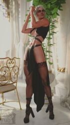 1girls 3d breasts cd_projekt_red ciri female freckles freckles_on_face green_eyes high_heels light-skinned_female light_skin lingerie mascara no_panties scar snayrub solo solo_female stockings tattoo the_witcher_(series) the_witcher_3:_wild_hunt white_hair