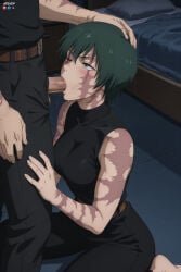 1boy absurdres adult ai_assisted ai_generated big_breasts big_penis blowjob breasts fellatio fellatio_face female heeven highres jujutsu_kaisen jujutsu_kaisen_0 jujutsu_kaisen_modulo maki_zenin male mature patreon patreon_username penis_in_mouth perfect_body saliva saliva_drip saliva_trail uncensored zenin_maki