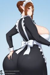 1female 1girl 1girls 2026 ai_generated apron artist_name ass big_ass big_breasts black_dress blue_background blush braid breasts brown_eyes brown_hair curvy dress elf from_behind giant_girl hair_bun hi_res high_quality high_resolution highres huge_ass huge_breasts long_sleeves looking_at_viewer looking_back maid maid_apron maid_headdress patreon patreon_username pointy_ears sidelocks simple_background single_hair_bun solo tall_female unjobdespiert watermark web_address