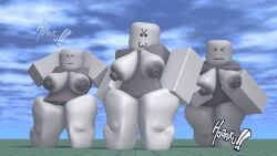 3d 3d_render 3girls areolae big big_breasts blender blocky_body boobs fondling_breast grey_body hand_behind_head hands_on_hips hogaku muscular_thighs roblox roblox_face smug thighs