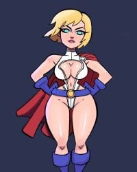 belt blonde_hair blue_eyes bodysuit boob_window boots breasts cape cleavage dc_comics front_view gloves hands_on_hips large_breasts looking_at_viewer navel posing power_girl short_hair slim_waist tagme thick_thighs vanillasketchy voluptuous wide_hips