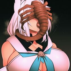 1girls ai_generated alien alien_(franchise) animal_ears bare_shoulders big_breasts blue_neckerchief braid breasts cleavage clothed_female crossover deepthroat detached_sleeves face_fucking facehugger female female_focus fox_ears fox_girl hololive hololive_gamers hololive_gen_1 hololive_japan interspecies monster neckerchief oral oral_penetration saliva side_braid single_braid virtual_youtuber vtuber