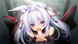 1boy 1girl aged_down animal_ear_fluff animal_ears bare_shoulders blush bright_pupils censored corruption dark_persona detached_collar detached_sleeves fellatio floating_hair fox_ears from_above game_asset hair_between_eyes hair_intakes hair_ornament hair_ribbon hetero imminent_fellatio inoino katsuragi_marina katsuragi_marina_(exs-tia_p) kouyoku_senki_exs-tia long_hair looking_at_viewer looking_up mosaic_censoring non-web_source official_art oral penis pink_eyes pov purple_eyes red_ribbon ribbon self-datamine solo_focus twintails variant_set visual_novel_cg white_hair white_pupils youko_marina