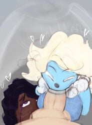 aeolus_(epic_the_musical) anonymous_male big_penis bj black_hair blowjob blue_skin bobbing_head calypso_(epic_the_musical) dark-skinned_female dark_skin epic_the_musical eyes_rolling_back motion_lines rolling_eyes slurping sucking_balls sucking_penis white_hair
