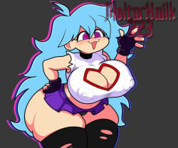 1girls :3 artist_name blue_hair blush breasts chubby chubby_female cleavage cleavage_cutout clothed crop_top female female_only fingerless_gloves friday_night_funkin friday_night_funkin_mod gloves heart-shaped_pupils large_breasts long_hair moltarhailk223 nipple_bulge open_mouth purple_eyes ripped_clothing skirt sky_(friday_night_funkin) skyblue smile tagme thick_thighs thighhighs watermark