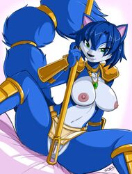 2014 anthro armor blue_fur blue_hair breasts canine female fox fur furry green_eyes hair krystal mammal necklace nintendo polearm pussy ronzo shonuff smile solo staff star_fox video_games