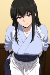 1girl ai_generated apron big_breasts black_hair clothed clothed_female hot_female indoors long_hair looking_at_viewer megumi_takani purple_eyes rurouni_kenshin shounen_jump smile smiling smiling_at_viewer