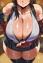 1girls ai_generated big_breasts blush breasts_focus cleavage cleavage_focus cleavage_pull female female_only final_fantasy final_fantasy_vii hand_on_hip head_out_of_frame huge_breasts leaning_forward light-skinned_female seductive_smile smile solo_female standing sweaty_body tagme thick_thighs tifa_lockhart wide_hips