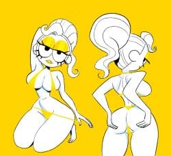 arm_up ass ass_focus back_view bikini breasts front_view hand_behind_head hands_on_ass kneeling large_breasts long_hair looking_at_viewer makeup original original_character pulling_panties seductive slim_waist smile tagme thick_thighs tied_hair vanillasketchy voluptuous white_body white_hair wide_hips yellow_background