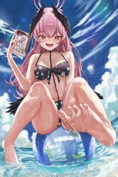 ass ball_(object) beach black_swimsuit blue_archive breasts cloud feet feet_focus flower_pattern halo holding_book inflatable koharu_(blue_archive) long_hair oerba_yun_fang on_ball pink_hair pink_halo pool_toy sitting sitting_on_ball sitting_on_beach_ball sky small_breasts squish squishing summer wet