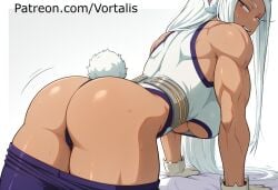 1girl ai_generated animal_ears ass bare_shoulders boku_no_hero_academia breasts dark-skinned_female dark_skin from_behind gloves highleg highleg_leotard large_breasts leotard long_eyelashes long_hair looking_at_viewer looking_back mirko muscular muscular_female my_hero_academia rabbit_ears rabbit_girl rabbit_tail red_eyes rumi_usagiyama sleeveless sleeveless_turtleneck sleeveless_turtleneck_leotard smile solo sweat tail thighs turtleneck turtleneck_leotard underboob vortalis white_gloves white_hair