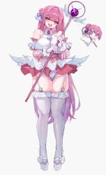 1girl absurdly_long_hair absurdres alternate_costume bare_shoulders blush breasts chinese_commentary colored_petticoat commentary_request corset doro_(nikke) dorothy_(nikke) earrings frilled_thighhighs frills full_body garter_straps gloves goddess_of_victory:_nikke hair_between_eyes hair_bun highres holding holding_staff huge_breasts jewelry long_hair magical_girl microskirt open_mouth panties petticoat pink_corset pink_hair purple_eyes purple_panties pussy shirt shoes short_sleeves single_side_bun skirt staff teeth thighhighs tongku_jue_jie underwear upper_teeth_only very_long_hair white_background white_garter_straps white_gloves white_shirt white_shoes white_skirt white_thighhighs wrist_cuffs