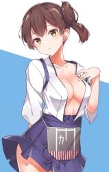 1girl 1girls arm_behind_back background big_boobs big_breasts blue_background breasts brown-eyed_female brown-haired_female brown_eyes brown_hair busty busty_female busty_girl game_character hand_behind_back hand_on_breast hand_on_chest hand_on_own_breast hand_on_own_chest head_tilt inframammary_fold kaga_(kantai_collection) kantai_collection konnyaku_(kk-monmon) large_boobs large_breasts linea_alba multicolored_background plain_background ponytail posing posing_for_the_viewer side_ponytail tied_hair tilted_head touching_breast touching_chest two-tone_background video_game video_game_character video_games white_background