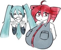 2girls ahoge aqprofilehai aqua_eyes aqua_necktie bare_shoulders black_eyes black_shirt breast_envy breasts buttons closed_mouth collared_shirt cropped_torso detailed_background hatsune_miku headphones huge_breasts jealous kasane_teto kasane_teto_(utau) long_hair looking_at_another looking_to_the_side necktie pocket red_eyes red_hair shirt simple_background sleeveless_shirt teeth tie_clip twin_drills twintails utau vocaloid white_background white_shirt