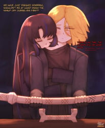 1boy 1girls blush closed_eyes cute fully_clothed hickey hugging hugging_from_behind imminent_sex leoderorero limbus_company long_hair master_and_student neck_kiss project_moon ryoshu_(limbus_company) short_hair sinclair_(limbus_company) text