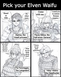 4girls 4koma absurd_res anonhistory armor breastplate cape chainmail closed_mouth comic crown elf english_text freckles fur_cape greyscale grin helmet highres holding holding_weapon looking_at_viewer medium_hair monochrome open_mouth original pointy_ear polearm robe scale_armor short_hair sidelocks smile spear speech_bubble weapon