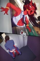 brown_hair button_pop demon demon_girl demon_horns demon_tail devil devil_girl devil_horns devil_tail elevator elevator_sex meru_(merunyaa) meruccubus_(merunyaa) merunyaa nipples office_attire original original_character red_skin succubus succubus_horns succubus_tail tagme tits_out vaginal_sex yellow_eyes