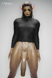 baldur's_gate_3 black_lips bottomless futa_only futanari lae'zel long_penis looking_at_viewer muscular_futa septum_piercing solo studio turtleneck_sweater veiny veiny_penis yeetiques