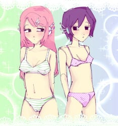 1futa arms_behind_back artist_request bikini blush bulge cameltoe collarbone covered_nipples eye_contact female futanari green_eyes hairclip looking_at_another looking_at_viewer medium_breasts momone_momo navel pink_hair polka_dot_bikini purple_eyes purple_hair robot robot_ears robot_girl short_hair small_breasts sparkle striped_bikini utane_uta utau