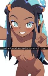 1female 1girl ai_generated black_hair blue_eyes blue_hair blush blushing breasts caption completely_nude dark-skinned_female dark_skin female girl goon.addct inviting inviting_to_sex long_hair looking_at_viewer medium_breasts naked naughty_face navel nessa_(pokemon) nipples nude one_hand_up peace_sign pokemon pokemon_ss pussy selfie selfie_pose shaved_pussy smile smirk snapchat solo standing talking_to_viewer teeth text two-tone_hair white_background