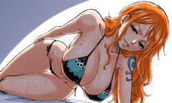 1girls bare_arms bare_legs bare_shoulders bare_thighs big_breasts bikini bikini_bottom bikini_top clothed clothing color female female_focus female_only hi_res large_breasts light-skinned_female light_skin long_hair looking_at_viewer nami_(one_piece) one_piece orange_eyes orange_hair shounen_jump smug smug_face solo solo_female sweat thick_thighs