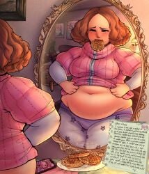 1girls ass bbw belly belly_overhang blush blushing chubby_female clothes_lift clothes_too_small dialogue_box fat_ass fat_thighs female food_in_mouth haru_okumura huge_ass huge_breasts huge_hips huge_thighs metrack newmetrack okumura_haru persona persona_5 tagme weight_gain wide_hips